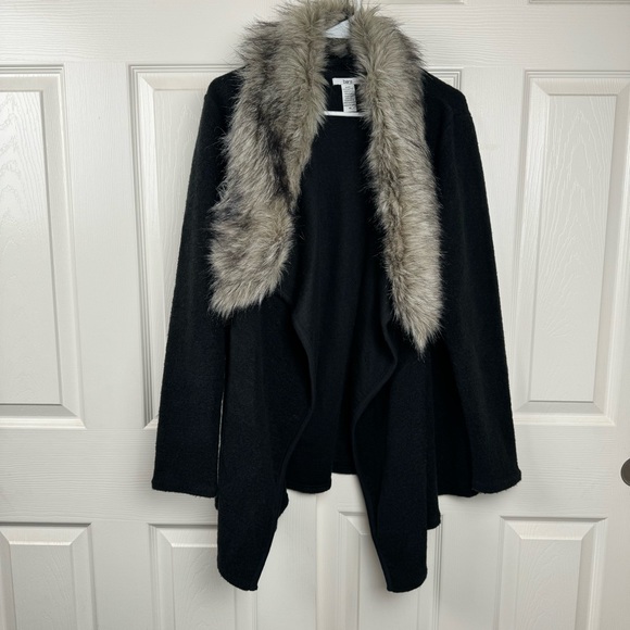 Bar III Cotton Wool Blend Black Cardigan Sweater with removable faux fur Size M - Picture 2 of 9
